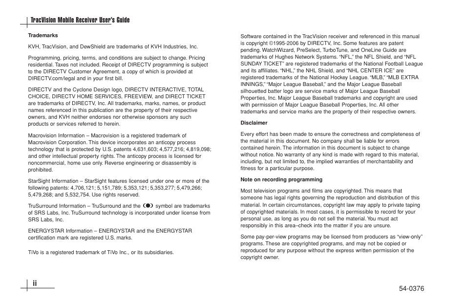 Ii tracvision mobile receiver user’s guide | KVH Industries antenna system User Manual | Page 3 / 127