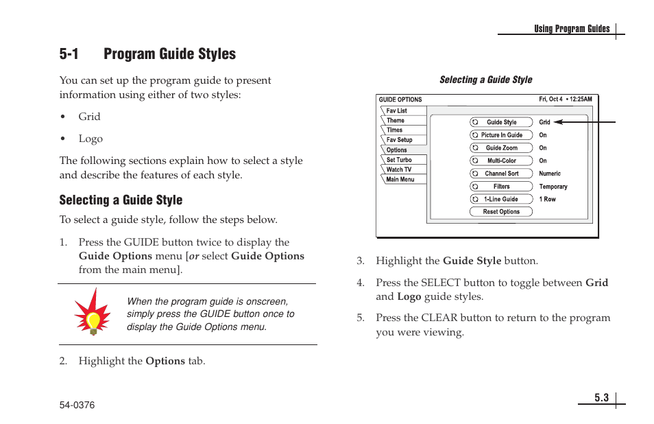 1 program guide styles | KVH Industries antenna system User Manual | Page 38 / 127