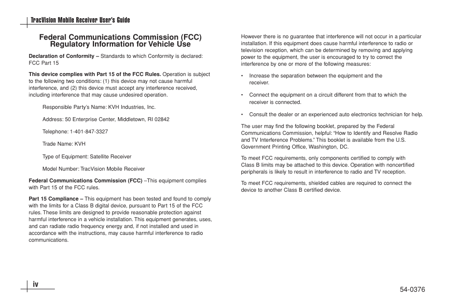 Iv tracvision mobile receiver user’s guide | KVH Industries antenna system User Manual | Page 5 / 127
