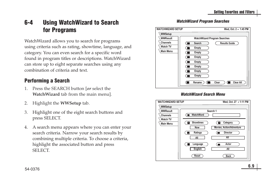 4 using watchwizard to search for programs, Performing a search, 9 setting favorites and filters | KVH Industries antenna system User Manual | Page 54 / 127
