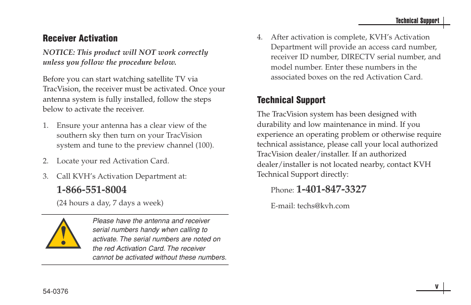 Receiver activation, Technical support | KVH Industries antenna system User Manual | Page 6 / 127
