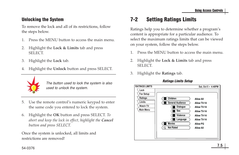 2 setting ratings limits, Unlocking the system | KVH Industries antenna system User Manual | Page 60 / 127