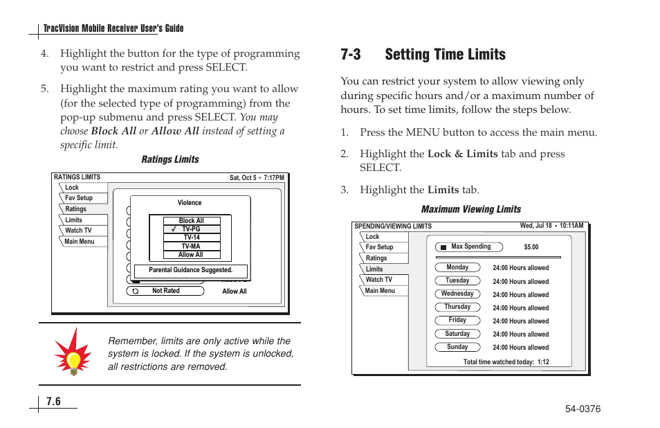3 setting time limits, 6 tracvision mobile receiver user’s guide | KVH Industries antenna system User Manual | Page 61 / 127