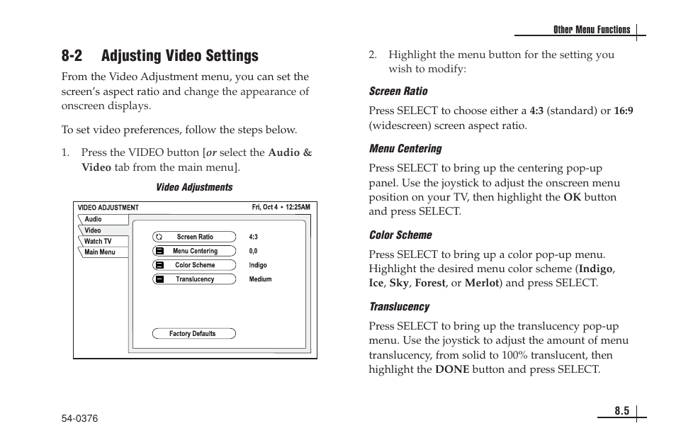 2 adjusting video settings | KVH Industries antenna system User Manual | Page 66 / 127