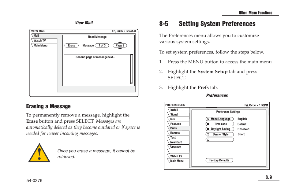 5 setting system preferences, Erasing a message | KVH Industries antenna system User Manual | Page 70 / 127