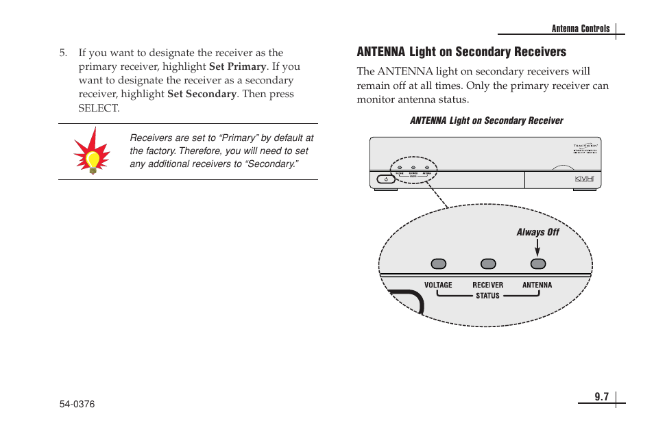 Antenna light on secondary receivers | KVH Industries antenna system User Manual | Page 79 / 127