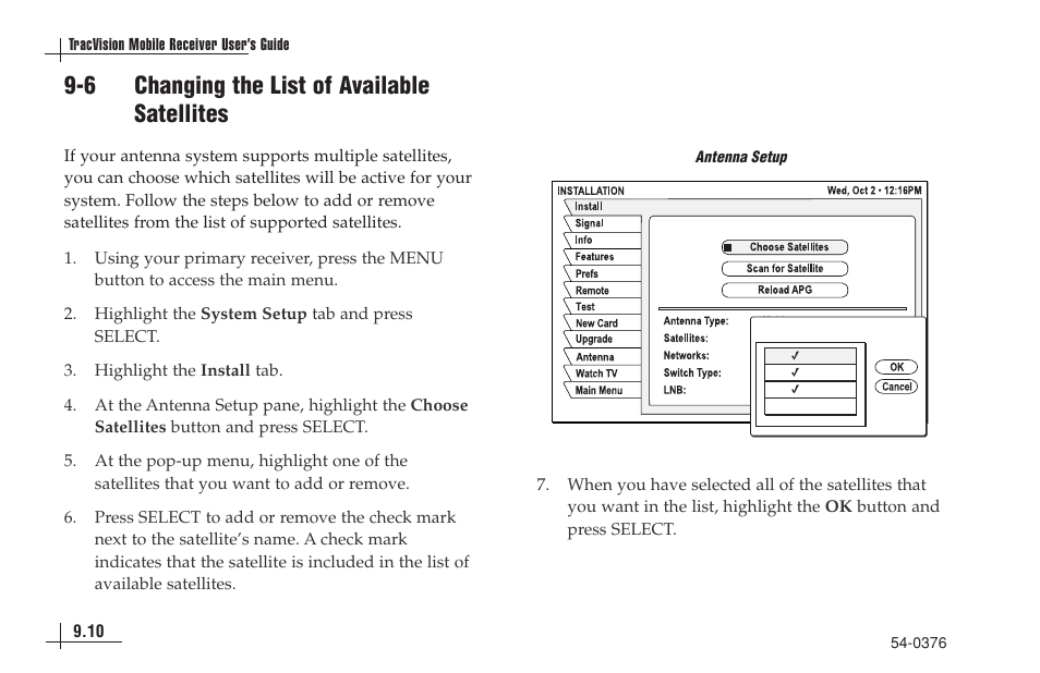 6 changing the list of available satellites | KVH Industries antenna system User Manual | Page 82 / 127