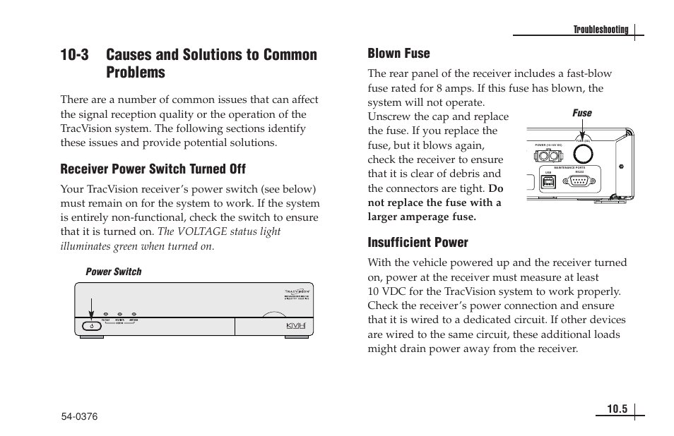 3 causes and solutions to common problems, Blown fuse, Insufficient power | Receiver power switch turned off | KVH Industries antenna system User Manual | Page 86 / 127