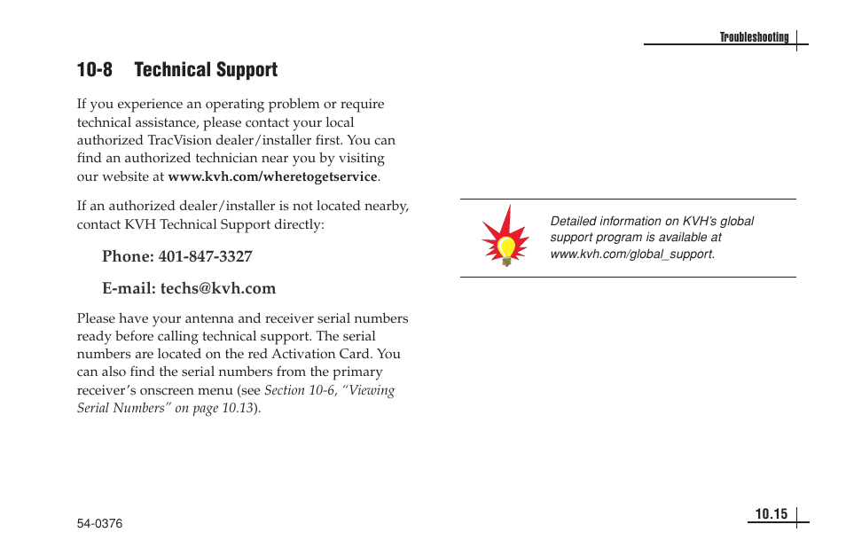 8 technical support | KVH Industries antenna system User Manual | Page 96 / 127