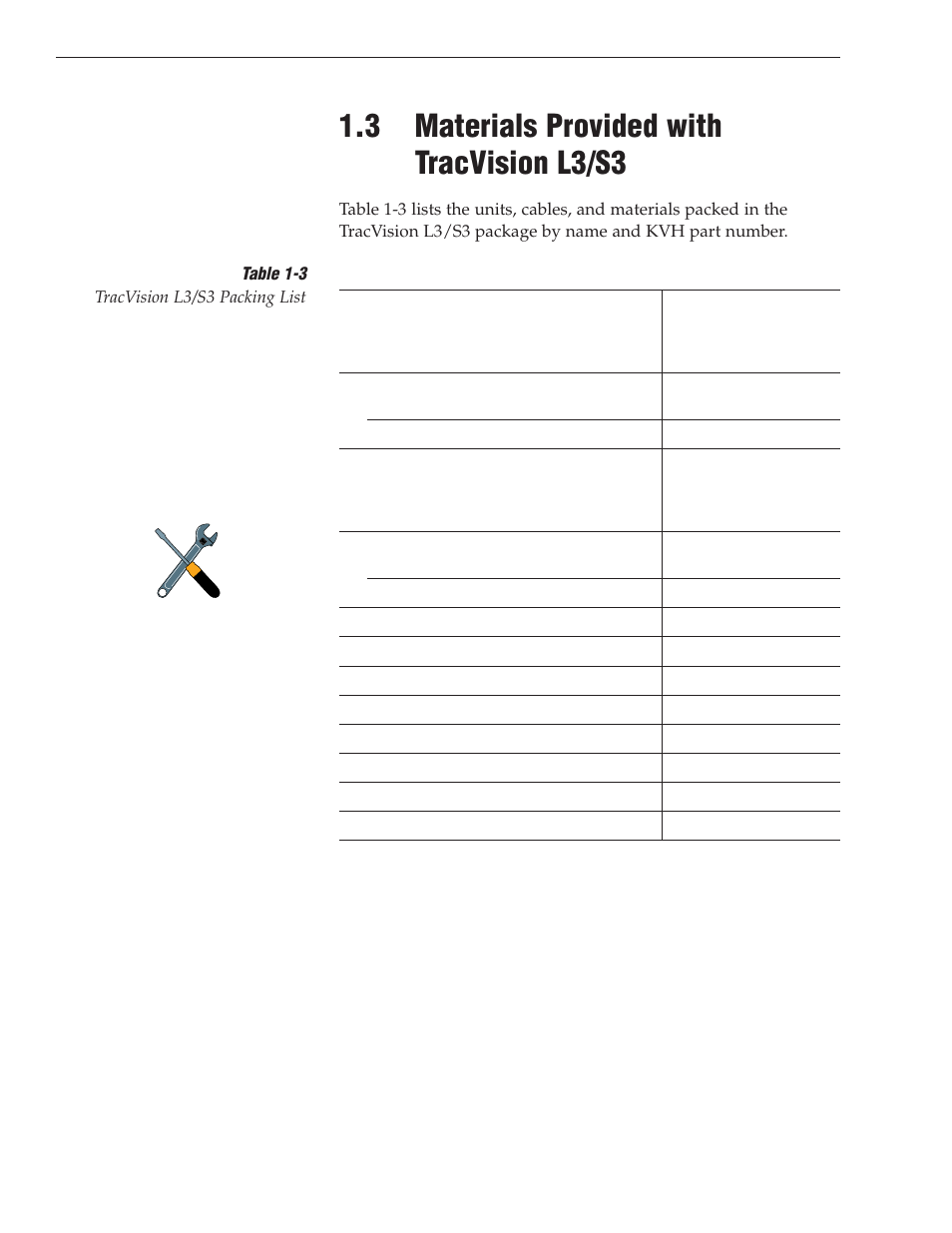 3 - materials provided with tracvision l3/s3, 3 materials provided with tracvision l3/s3 | KVH Industries TracVision S3 User Manual | Page 10 / 77