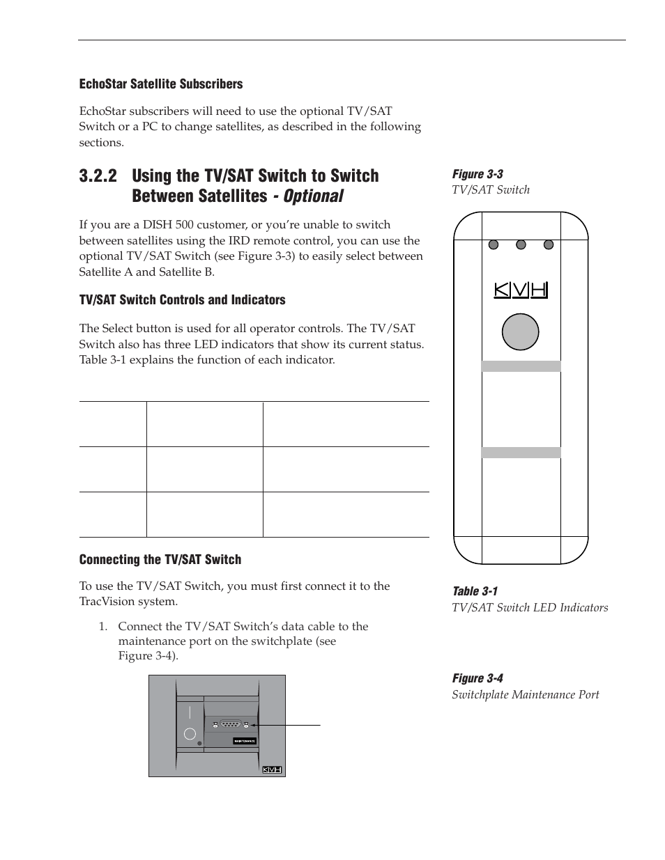 Echostar satellite subscribers, Tv/sat switch controls and indicators, Connecting the tv/sat switch | KVH Industries TracVision S3 User Manual | Page 41 / 77