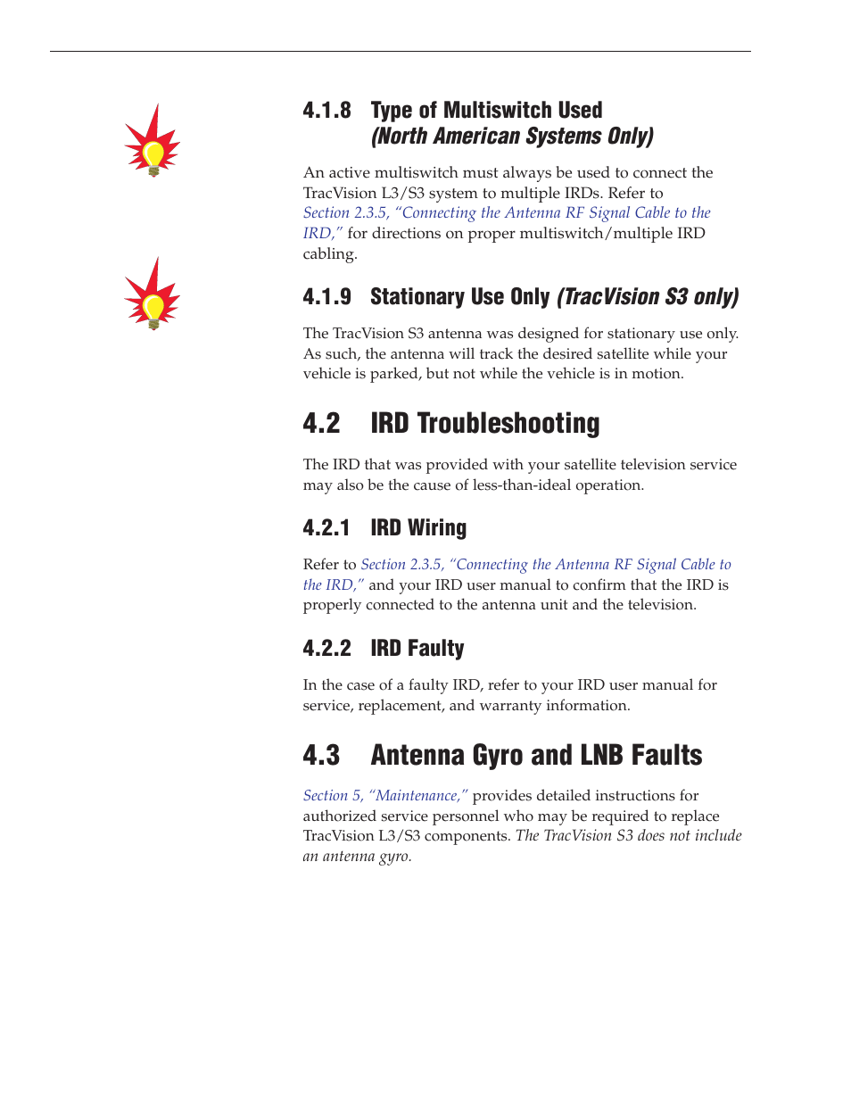 9 - stationary use only (tracvision s3 only), 2 - ird troubleshooting, 1 - ird wiring | 2 - ird faulty, 3 - antenna gyro and lnb faults, 2 ird troubleshooting, 3 antenna gyro and lnb faults, 9 stationary use only (tracvision s3 only), 1 ird wiring, 2 ird faulty | KVH Industries TracVision S3 User Manual | Page 49 / 77