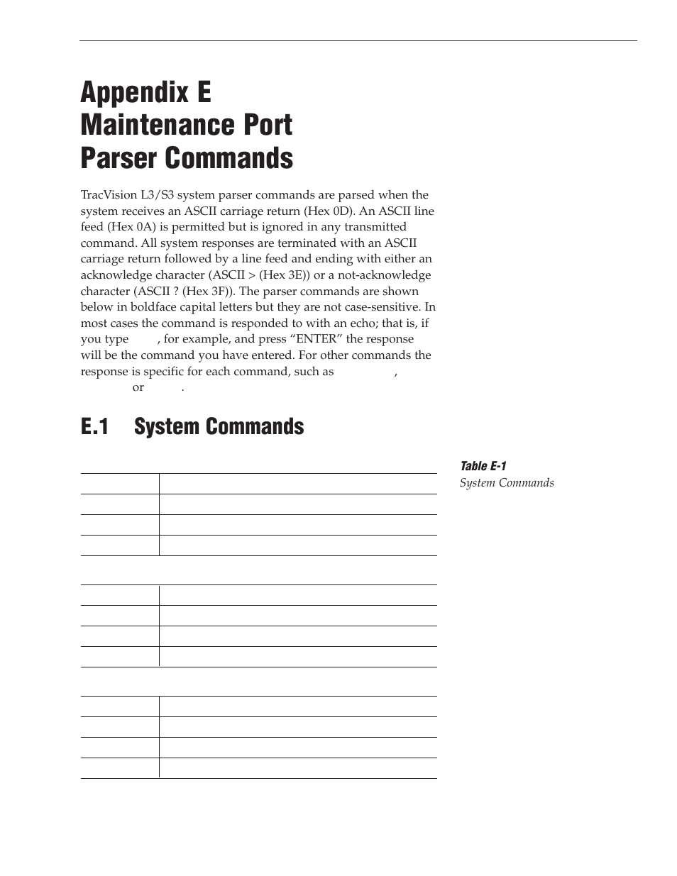 Appendix e - maintenance port parser commands, E.1 - system commands, Appendix e maintenance port parser commands | E.1 system commands | KVH Industries TracVision S3 User Manual | Page 67 / 77