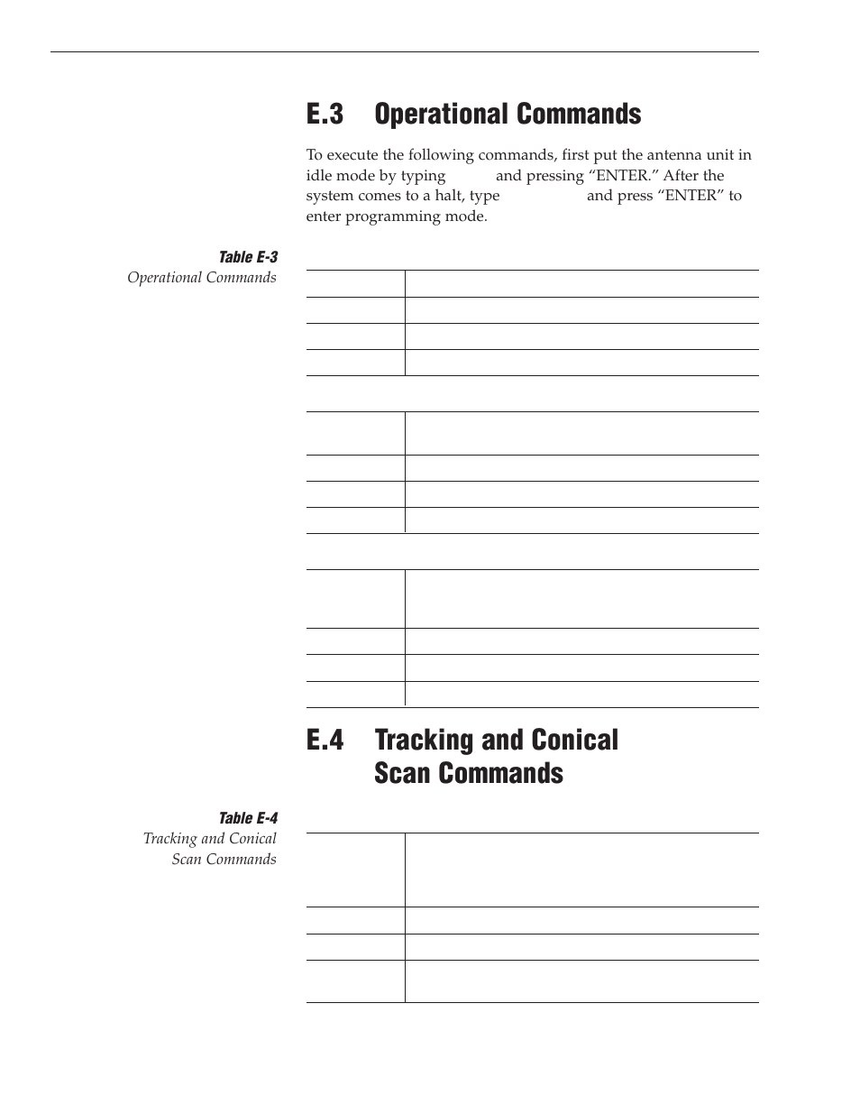 E.3 - operational commands, E.4 - tracking and conical scan commands, E.3 operational commands | E.4 tracking and conical scan commands | KVH Industries TracVision S3 User Manual | Page 70 / 77