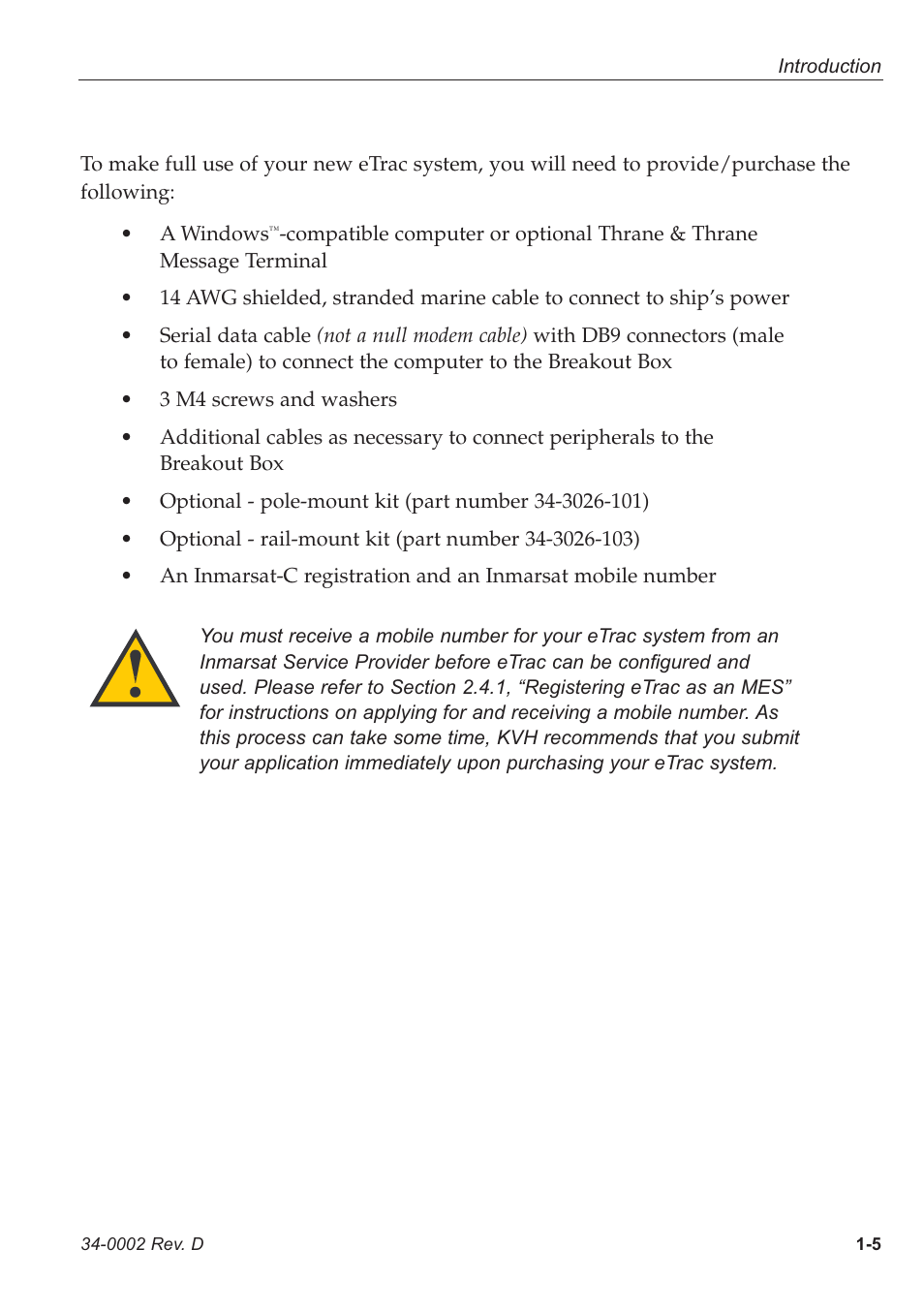 1 - additional materials required for etrac use, 1 additional materials required for etrac use | KVH Industries eTrac User Manual | Page 11 / 37
