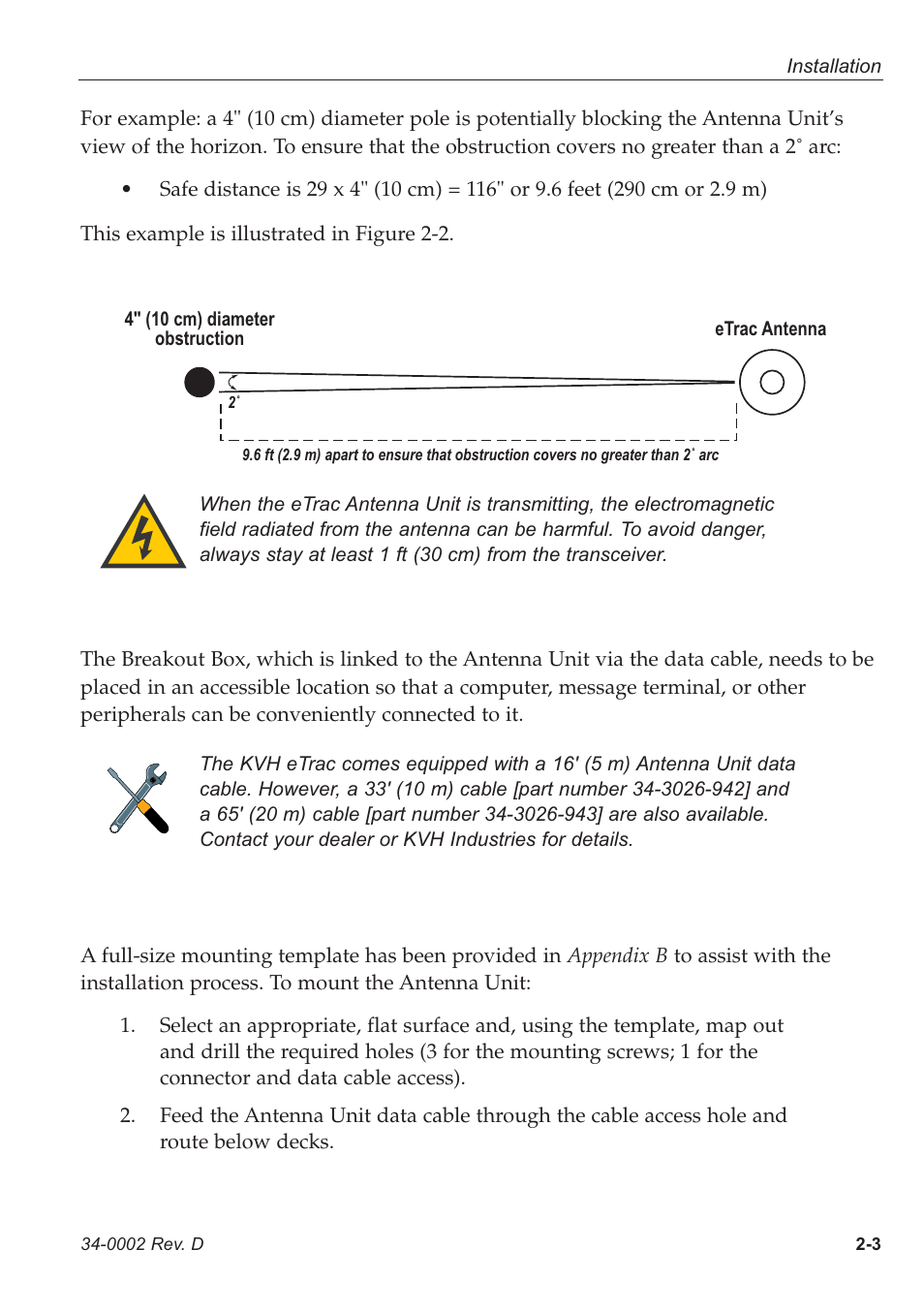 2 - mounting the antenna unit, 2 mounting the antenna unit | KVH Industries eTrac User Manual | Page 14 / 37