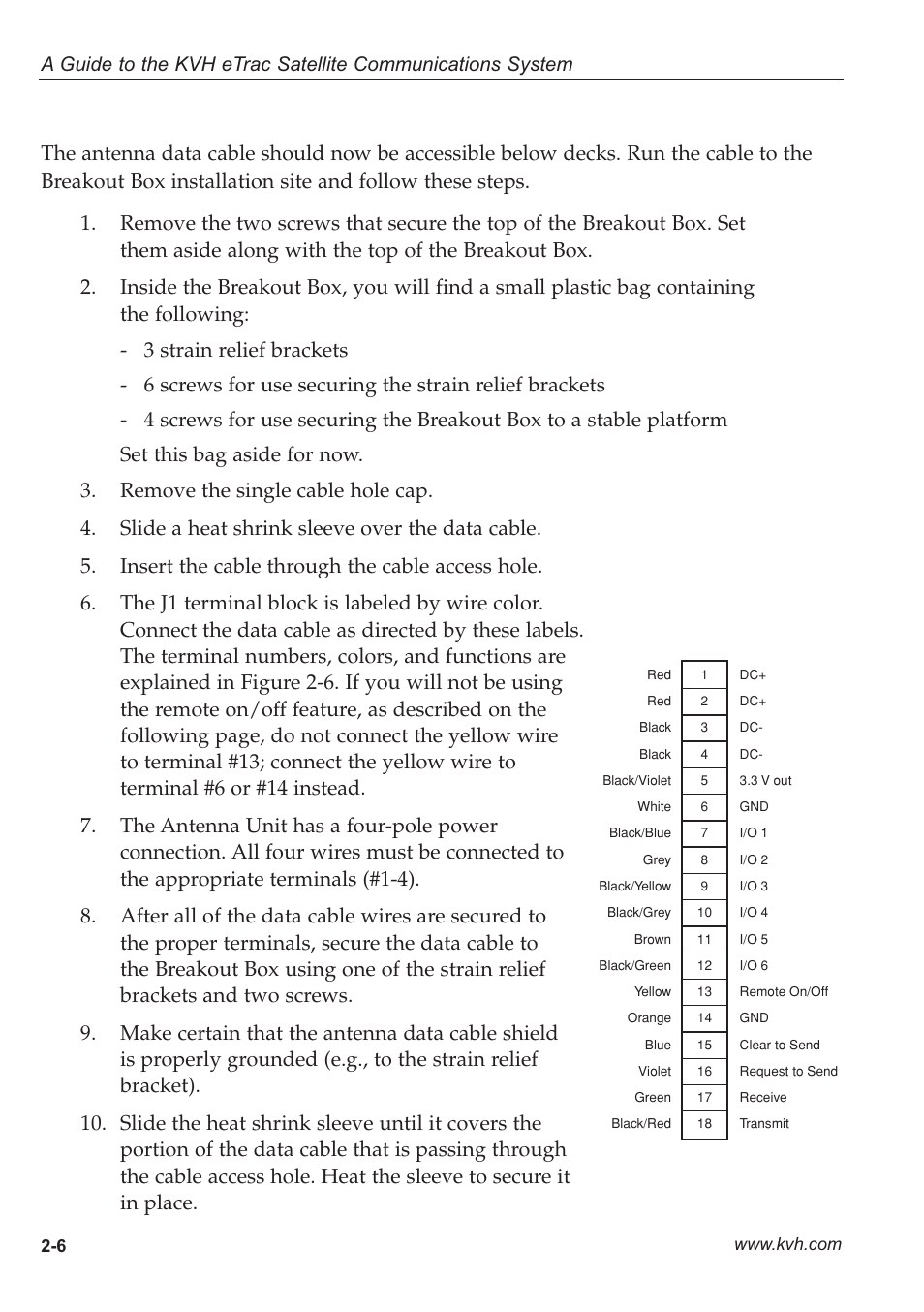 1 - connecting the antenna data cable, 1 connecting the antenna data cable, Figure 2-6: j1 terminal block connectors | KVH Industries eTrac User Manual | Page 17 / 37