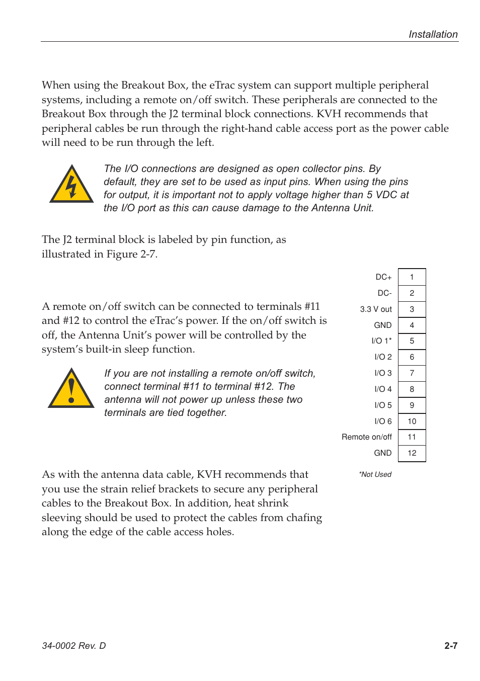 2 - connecting peripherals to the breakout box, 2 connecting peripherals to the breakout box, Remote on/off | Strain relief and cable protection, Figure 2-7: j2 terminal block connectors | KVH Industries eTrac User Manual | Page 18 / 37
