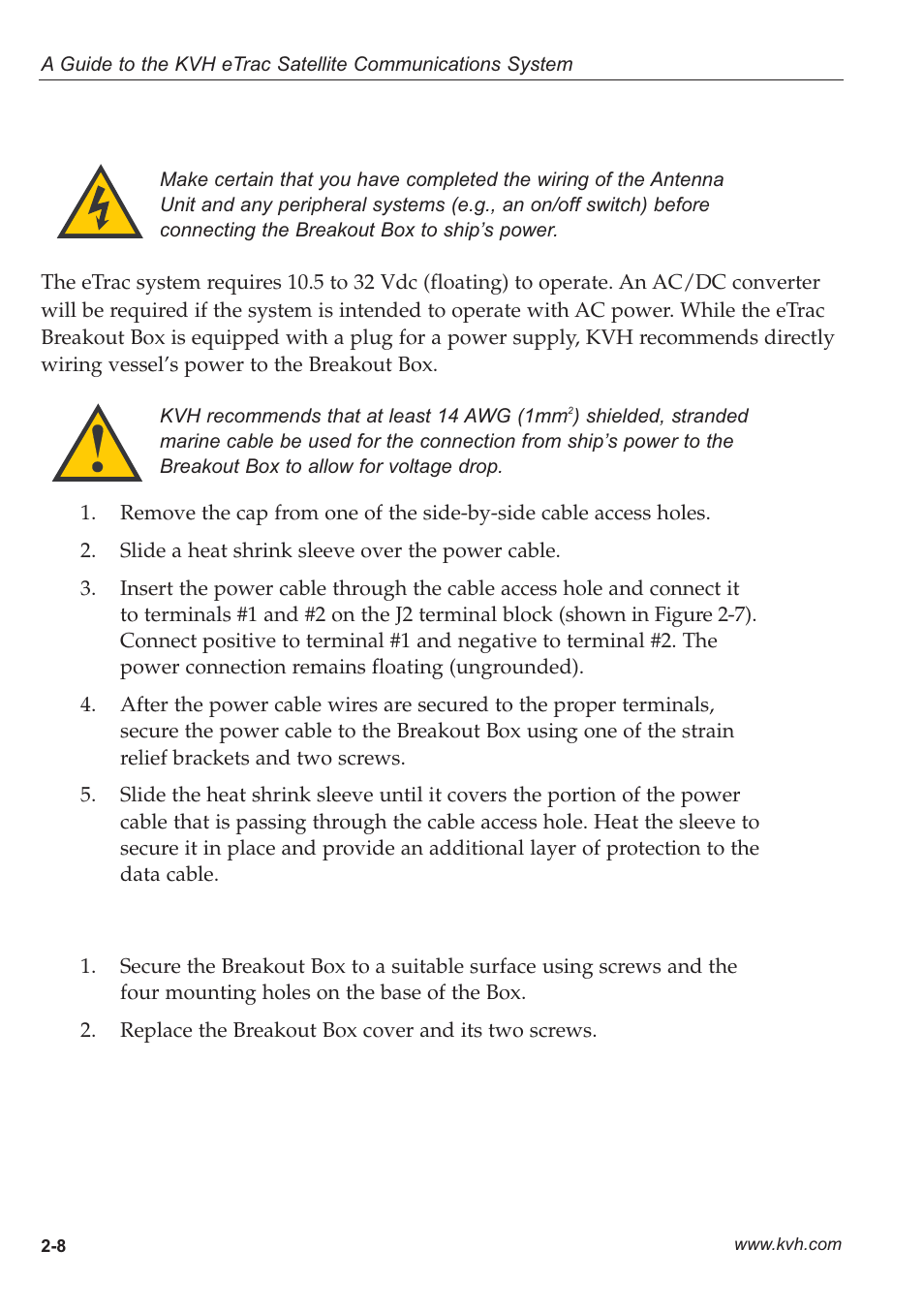 3 - connecting etrac to ship's power, 4 - completing the installation, 3 connecting etrac to ship’s power | 4 completing the installation | KVH Industries eTrac User Manual | Page 19 / 37