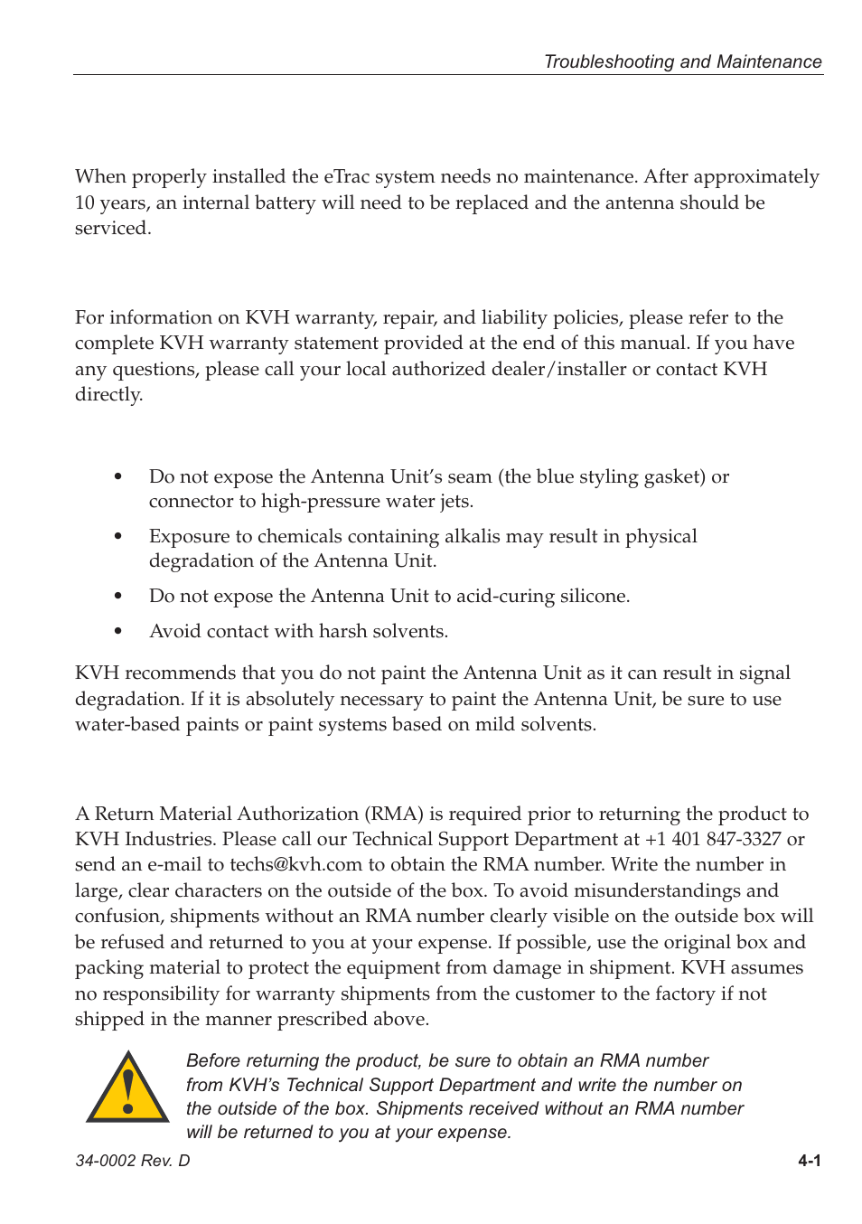 4 - troubleshooting and maintenance, 1 - warranty/service information, 2 - handling precautions | 3 - return authorization, 4troubleshooting and maintenance, 1 warranty/service information, 2 handling precautions, 3 return authorization | KVH Industries eTrac User Manual | Page 30 / 37