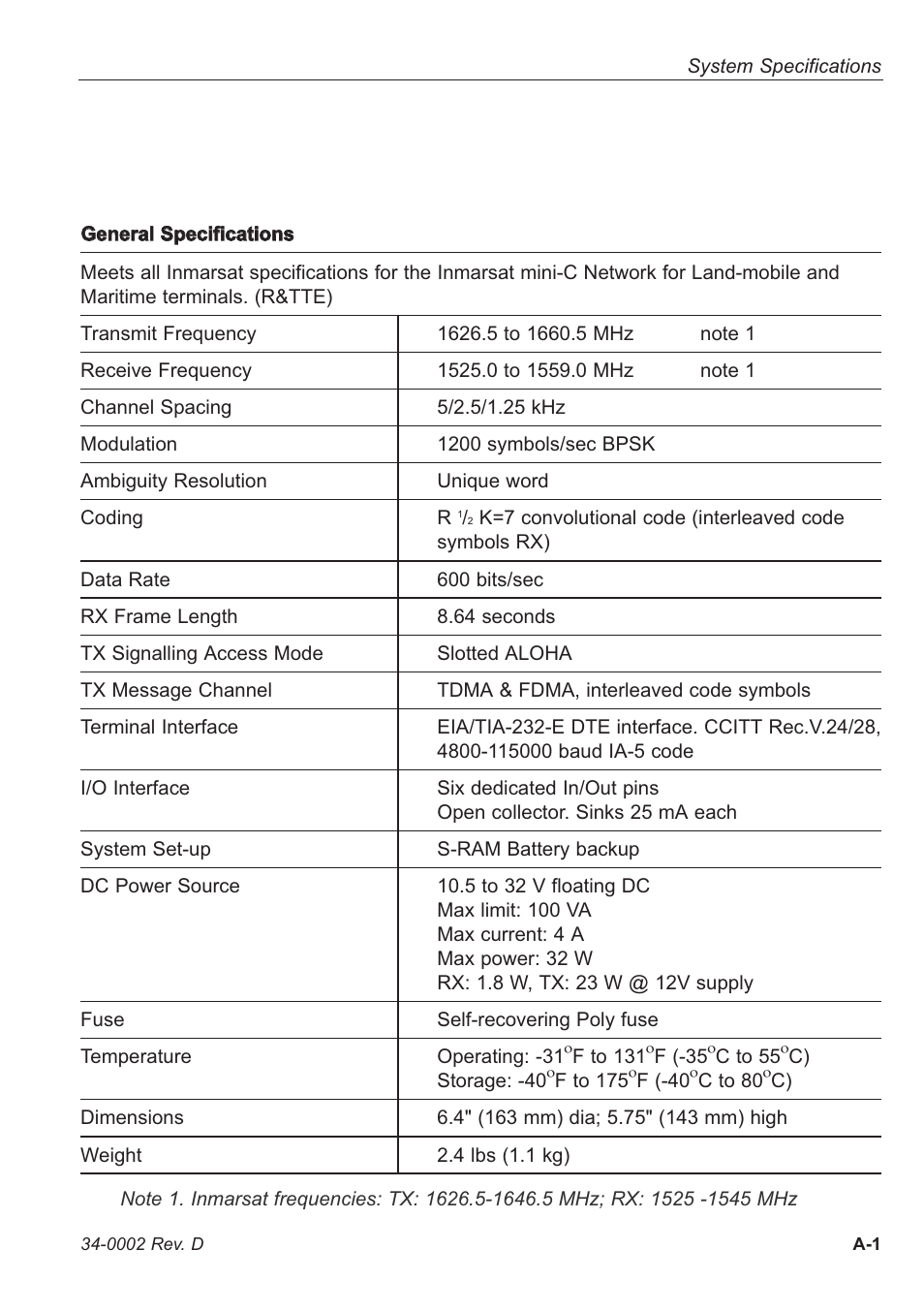 Appendix a - system specifications, Appendix a system specifications | KVH Industries eTrac User Manual | Page 32 / 37