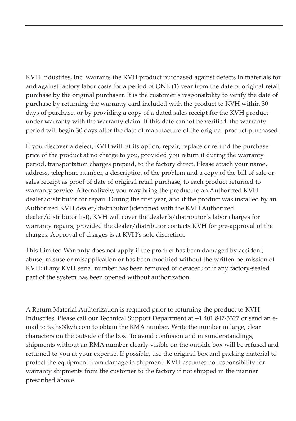 Kvh industries limited warranty: etrac | KVH Industries eTrac User Manual | Page 35 / 37