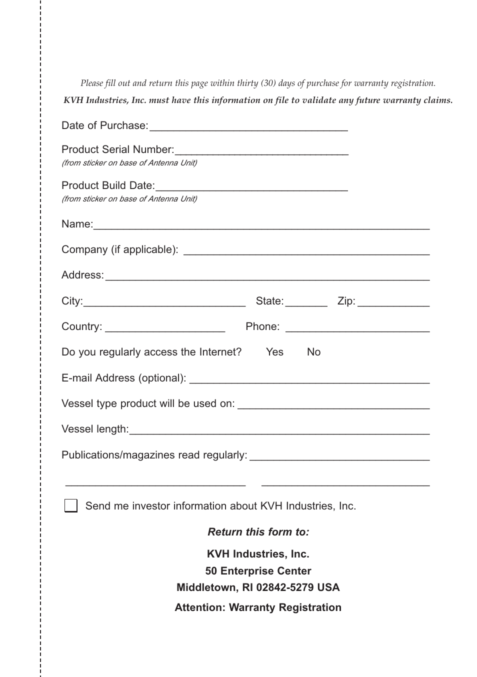 Warranty registration form, Kvh etrac warranty registration form | KVH Industries eTrac User Manual | Page 4 / 37