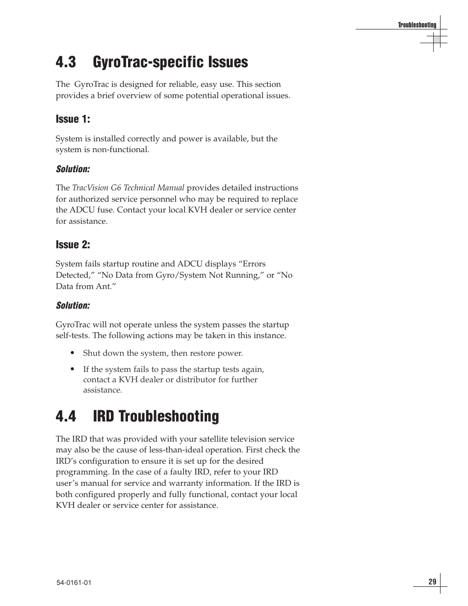 3 - gyrotrac-specific issues, 4 - ird troubleshooting, 3 gyrotrac-specific issues | 4 ird troubleshooting | KVH Industries KVH TracVision TracVision G6 User Manual | Page 27 / 30