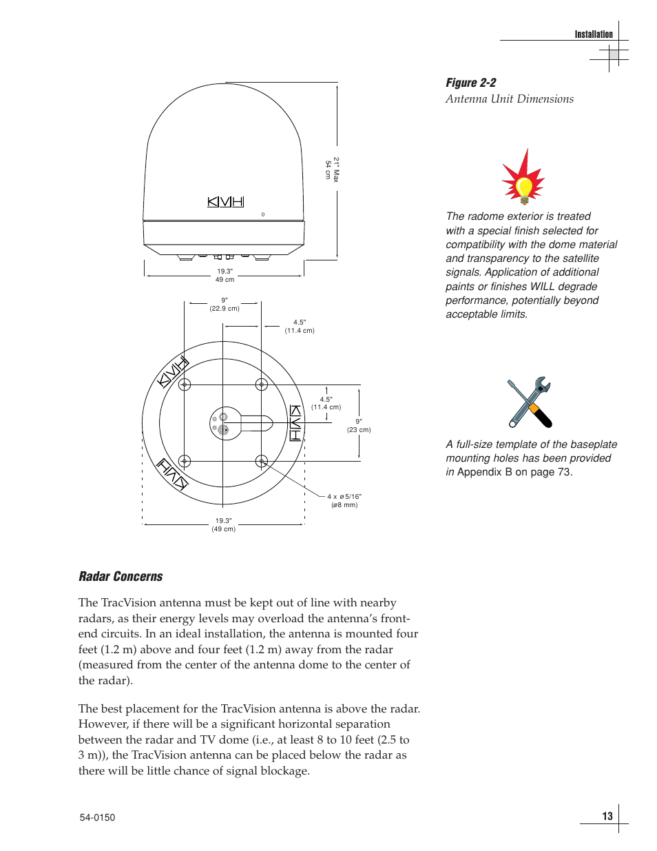 Radar concerns, Figure 2-2 antenna unit dimensions, Installation | KVH Industries TracVision 4 User Manual | Page 17 / 88