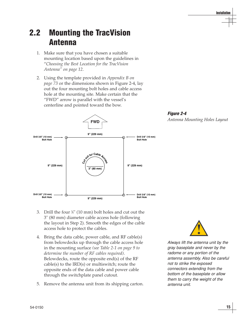 2 - mounting the tracvision antenna, 2 mounting the tracvision antenna, Figure 2-4 antenna mounting holes layout | KVH Industries TracVision 4 User Manual | Page 19 / 88