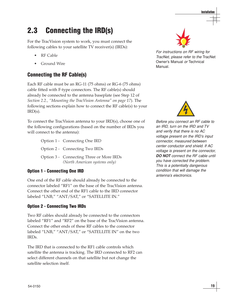 3 - connecting the ird(s), 3 connecting the ird(s), Connecting the rf cable(s) | KVH Industries TracVision 4 User Manual | Page 23 / 88