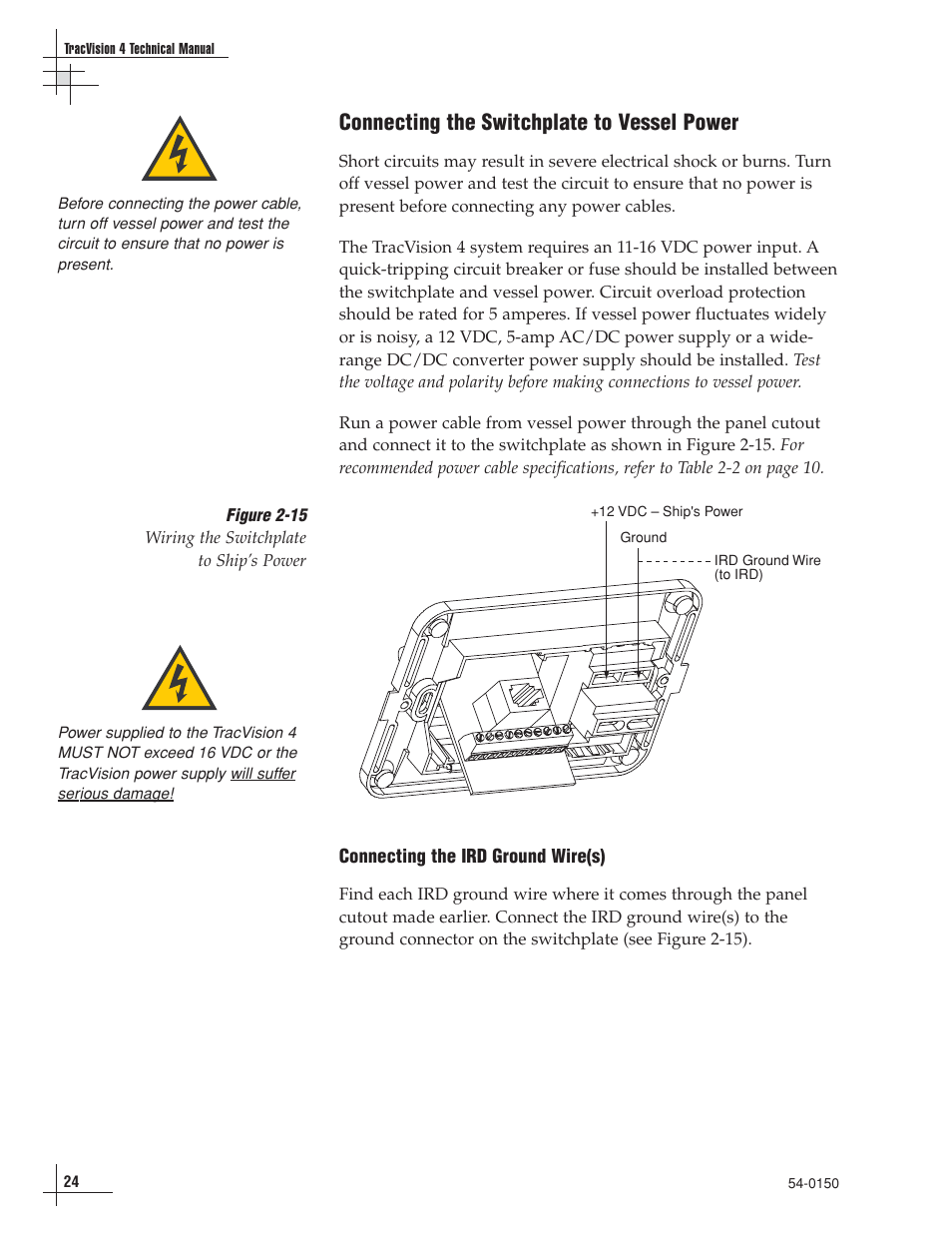 Connecting the switchplate to vessel power | KVH Industries TracVision 4 User Manual | Page 28 / 88