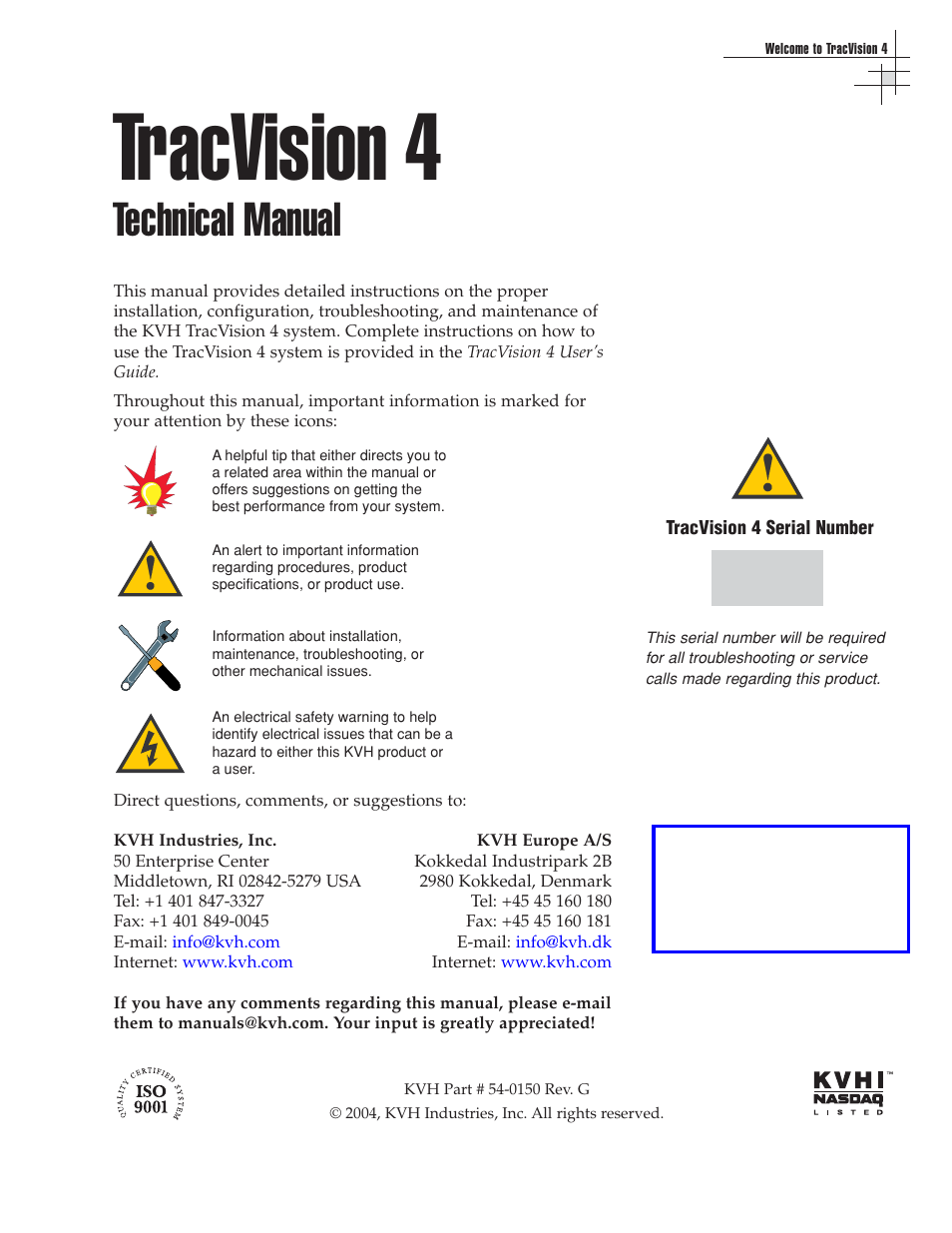 Tracvision 4, Technical manual | KVH Industries TracVision 4 User Manual | Page 3 / 88