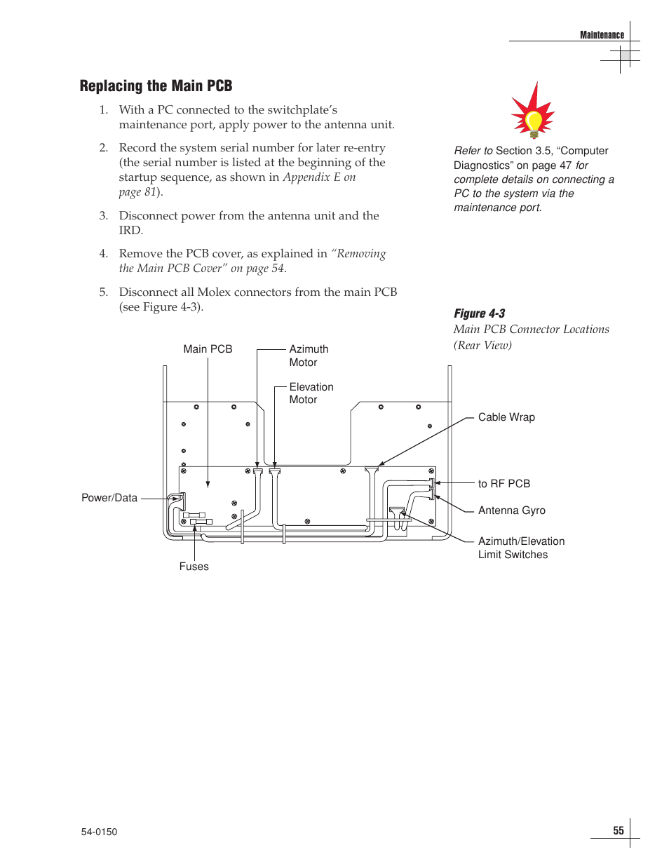 Replacing the main pcb | KVH Industries TracVision 4 User Manual | Page 55 / 88