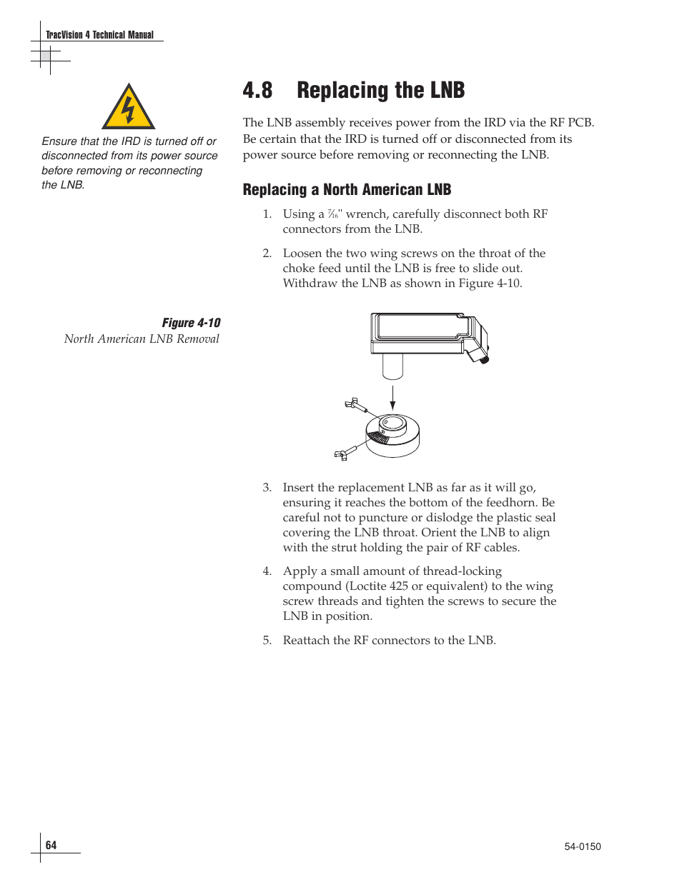 8 - replacing the lnb, 8 replacing the lnb, Replacing a north american lnb | KVH Industries TracVision 4 User Manual | Page 64 / 88