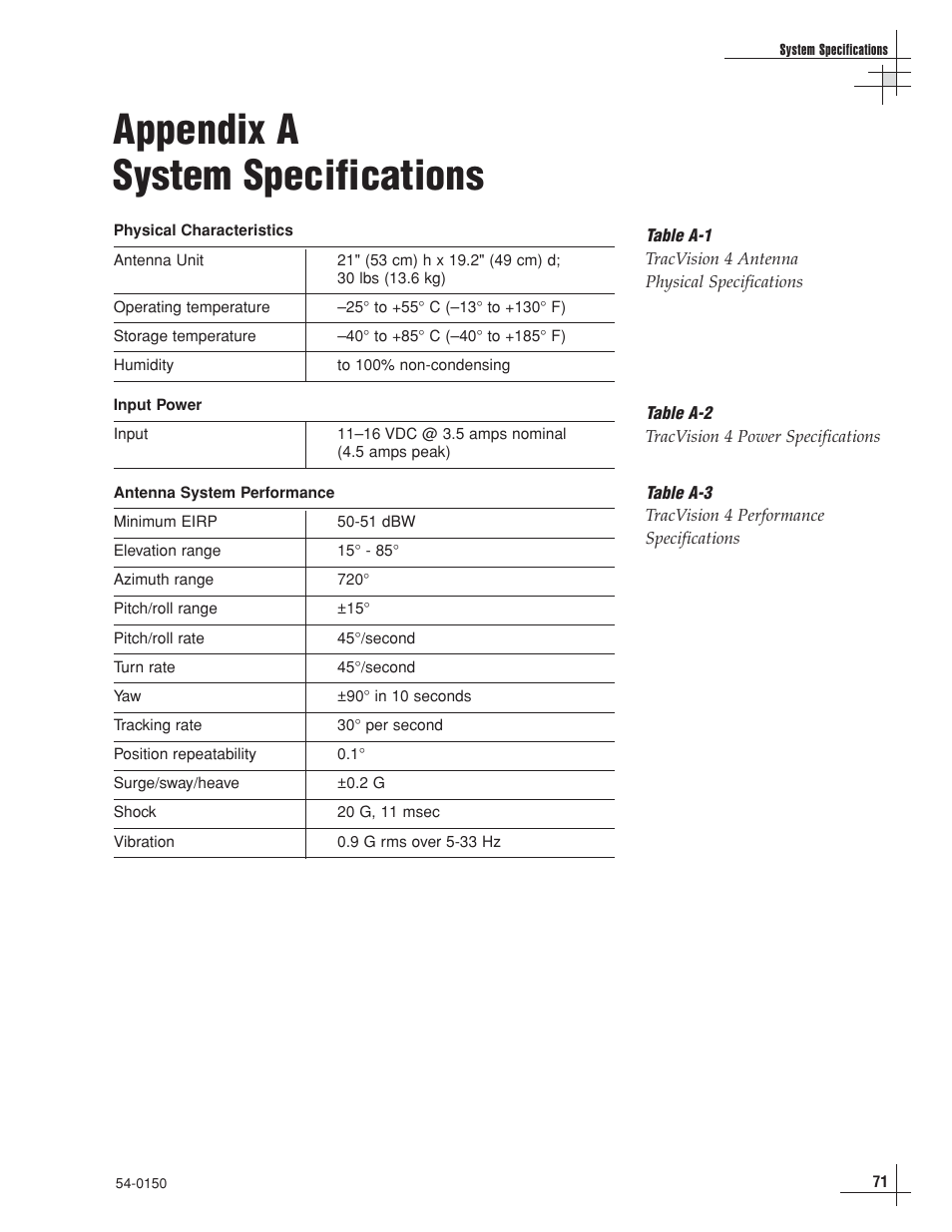 Appendix a - system specifications, Appendix a system specifications | KVH Industries TracVision 4 User Manual | Page 69 / 88