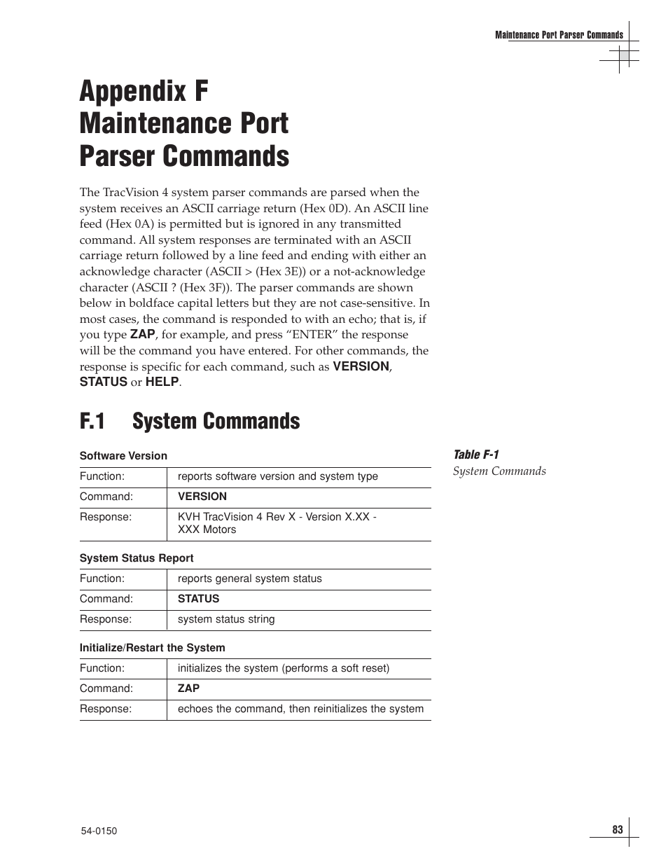 Appendix f - maintenance port parser commands, Appendix f maintenance port parser commands, F.1 system commands | KVH Industries TracVision 4 User Manual | Page 76 / 88