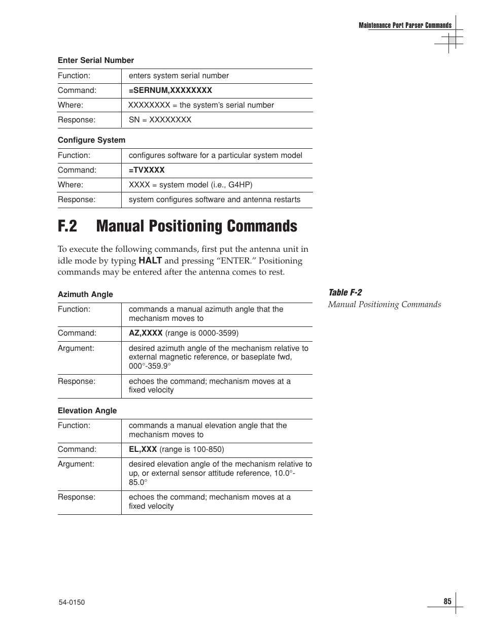 F.2 manual positioning commands | KVH Industries TracVision 4 User Manual | Page 78 / 88