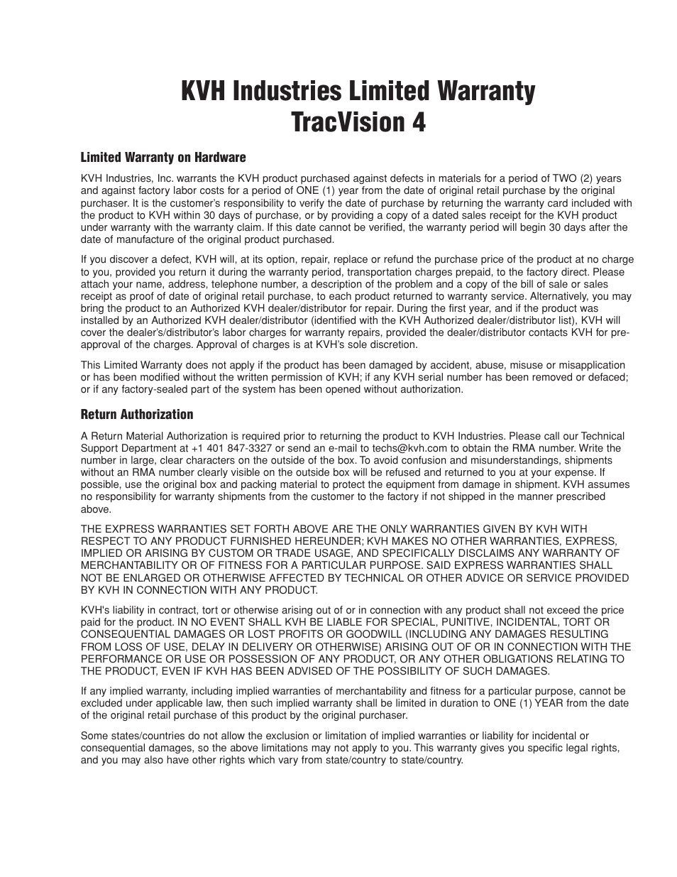 Kvh industries limited warranty tracvision 4 | KVH Industries TracVision 4 User Manual | Page 87 / 88