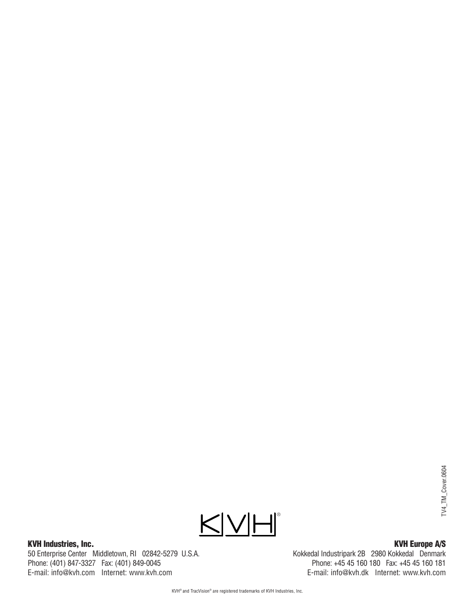 Kvh industries, inc, Kvh europe a/s | KVH Industries TracVision 4 User Manual | Page 88 / 88