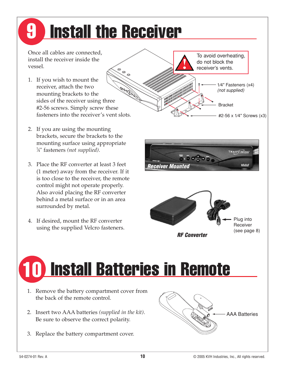 Step 9 - install the receiver, Step 10 - install batteries in remote, Install the receiver | Install batteries in remote | KVH Industries TracVision M3 User Manual | Page 11 / 14