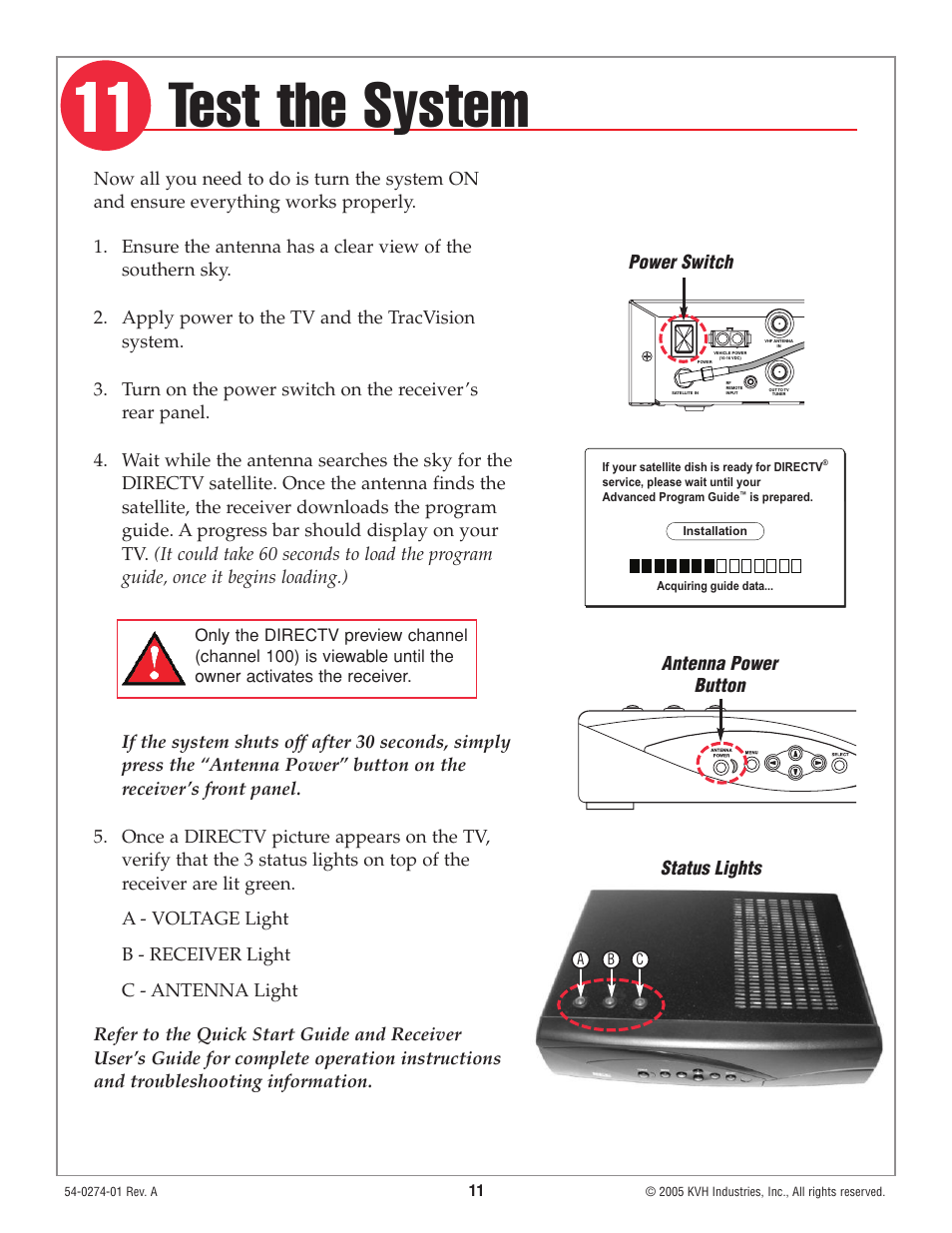 Step 11 - test the system, Test the system, Status lights | Antenna power button power switch | KVH Industries TracVision M3 User Manual | Page 12 / 14