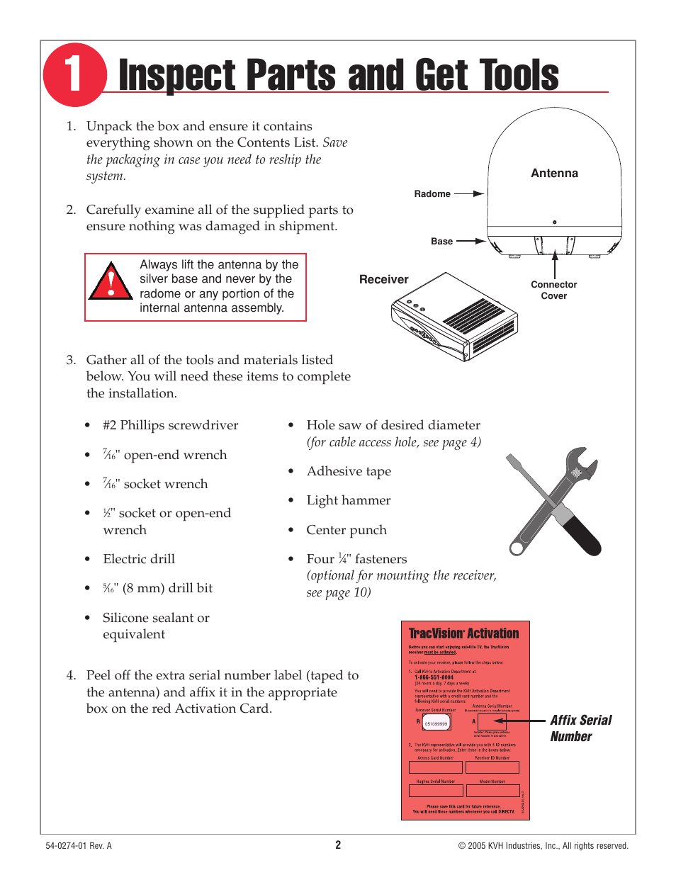 Step 1 - inspect parts and get tools, Inspect parts and get tools | KVH Industries TracVision M3 User Manual | Page 3 / 14