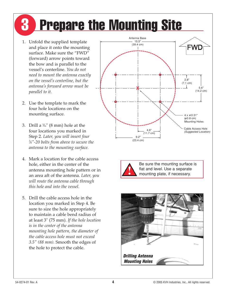 Step 3 - prepare the mounting site, Prepare the mounting site | KVH Industries TracVision M3 User Manual | Page 5 / 14