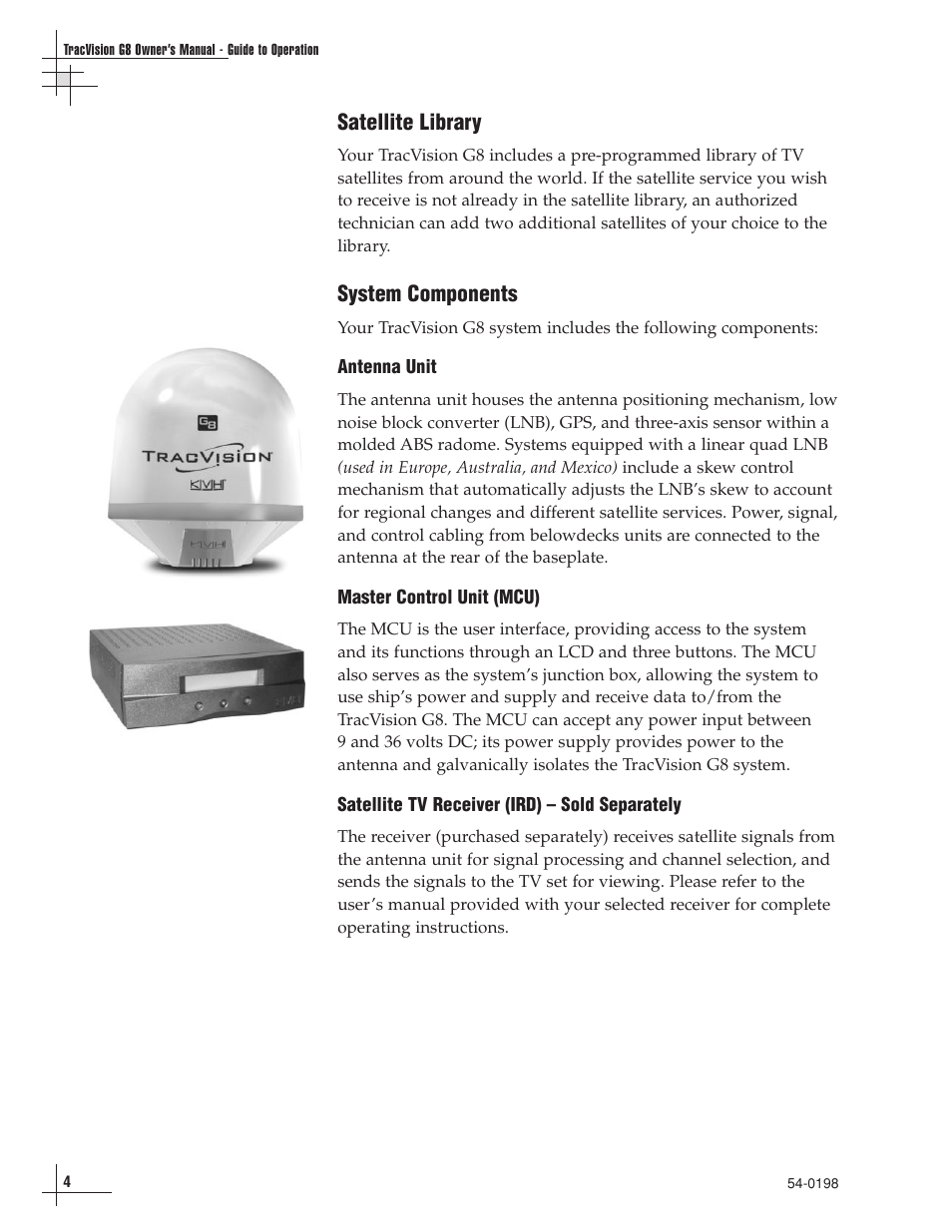 Satellite library, System components | KVH Industries TracVision G8 User Manual | Page 10 / 137