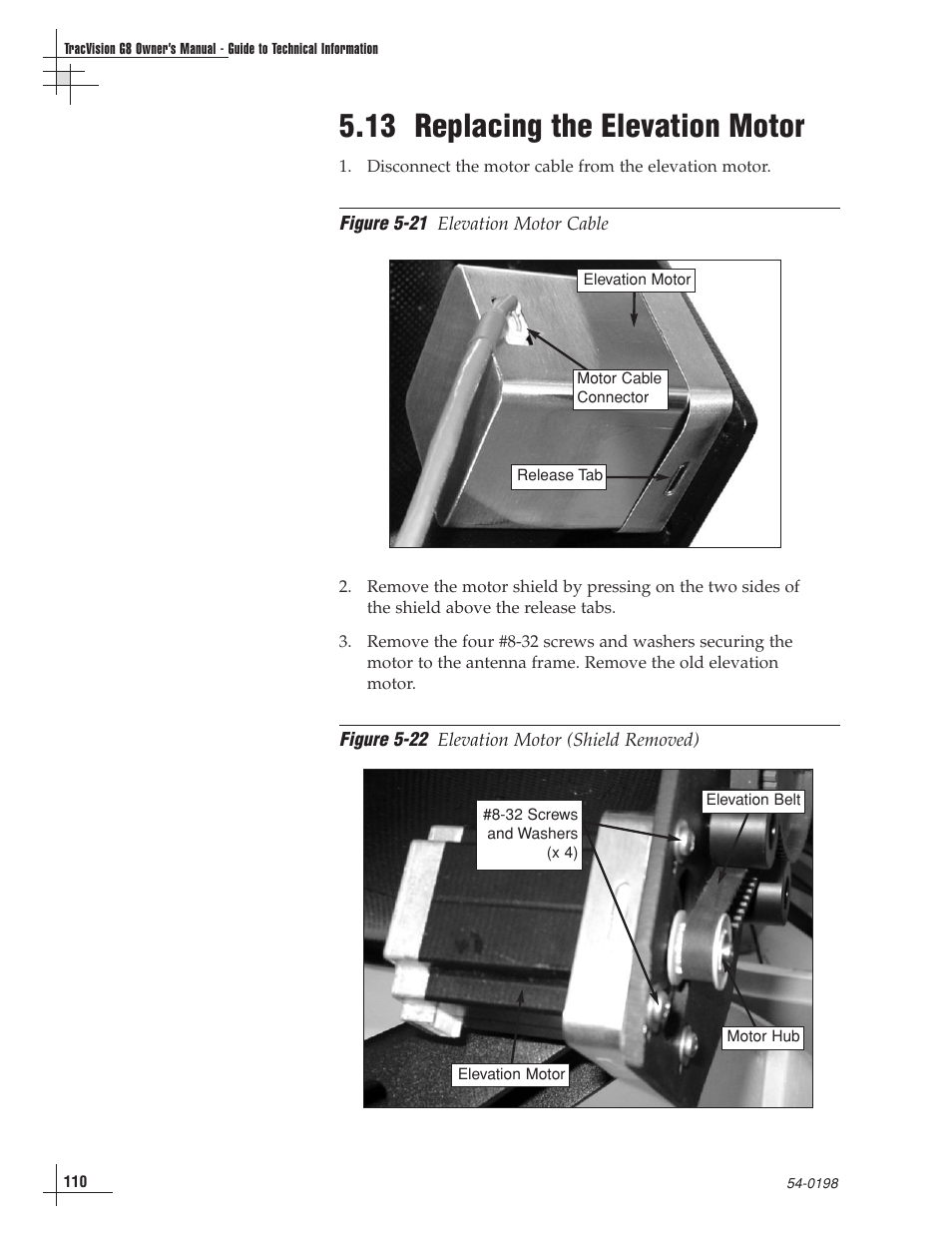 13 - replacing the elevation motor, 13 replacing the elevation motor | KVH Industries TracVision G8 User Manual | Page 106 / 137
