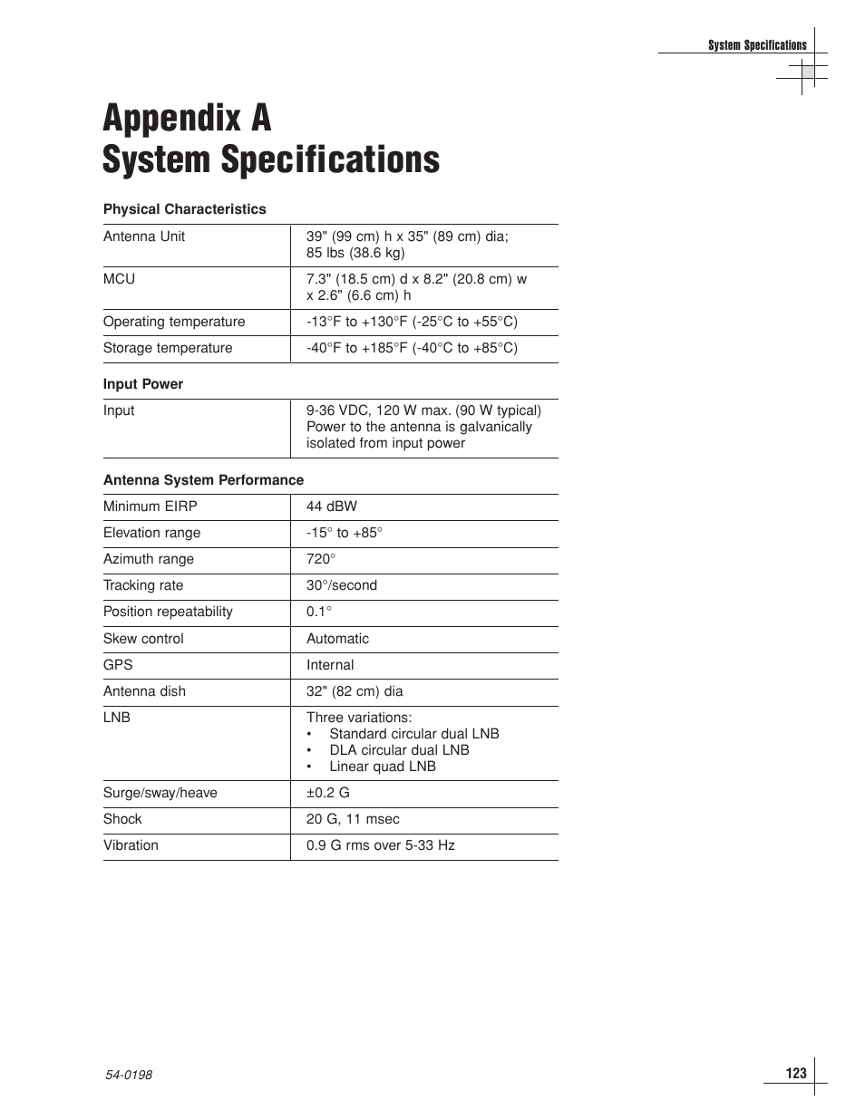 A - system specifications, Appendix a system specifications | KVH Industries TracVision G8 User Manual | Page 118 / 137