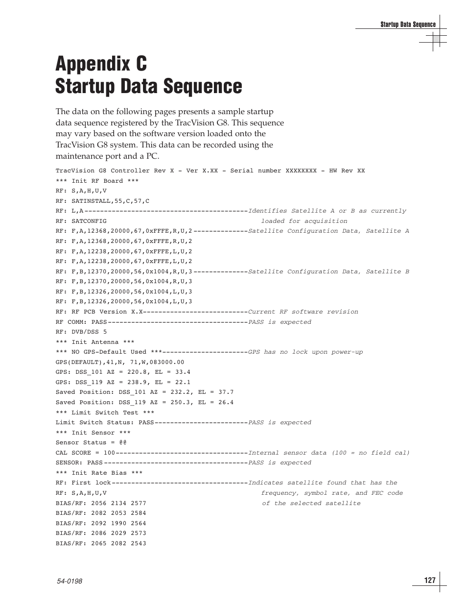 C - startup data sequence, Appendix c startup data sequence | KVH Industries TracVision G8 User Manual | Page 120 / 137