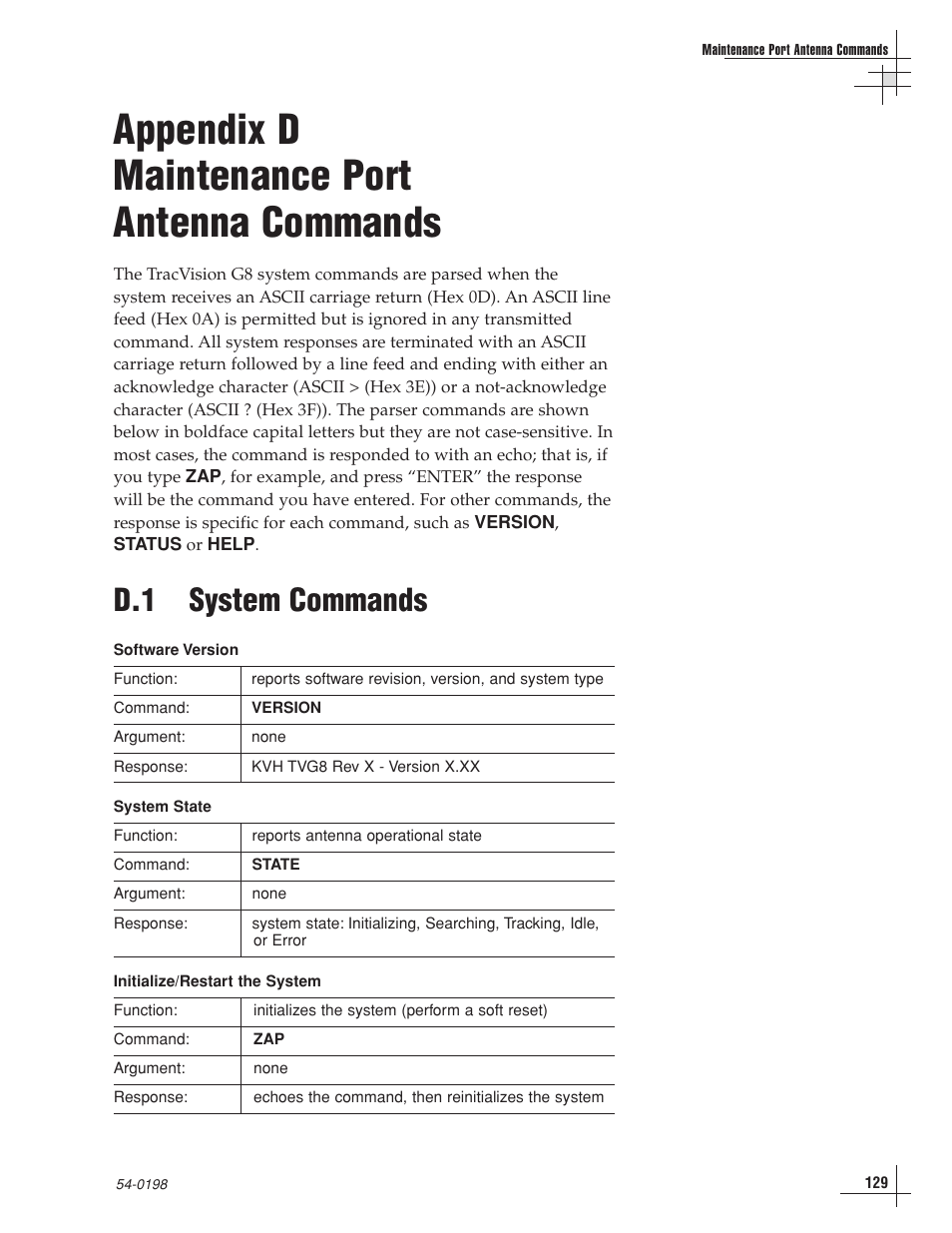 D - maintenance port antenna commands, Appendix d maintenance port antenna commands, D.1 system commands | KVH Industries TracVision G8 User Manual | Page 122 / 137