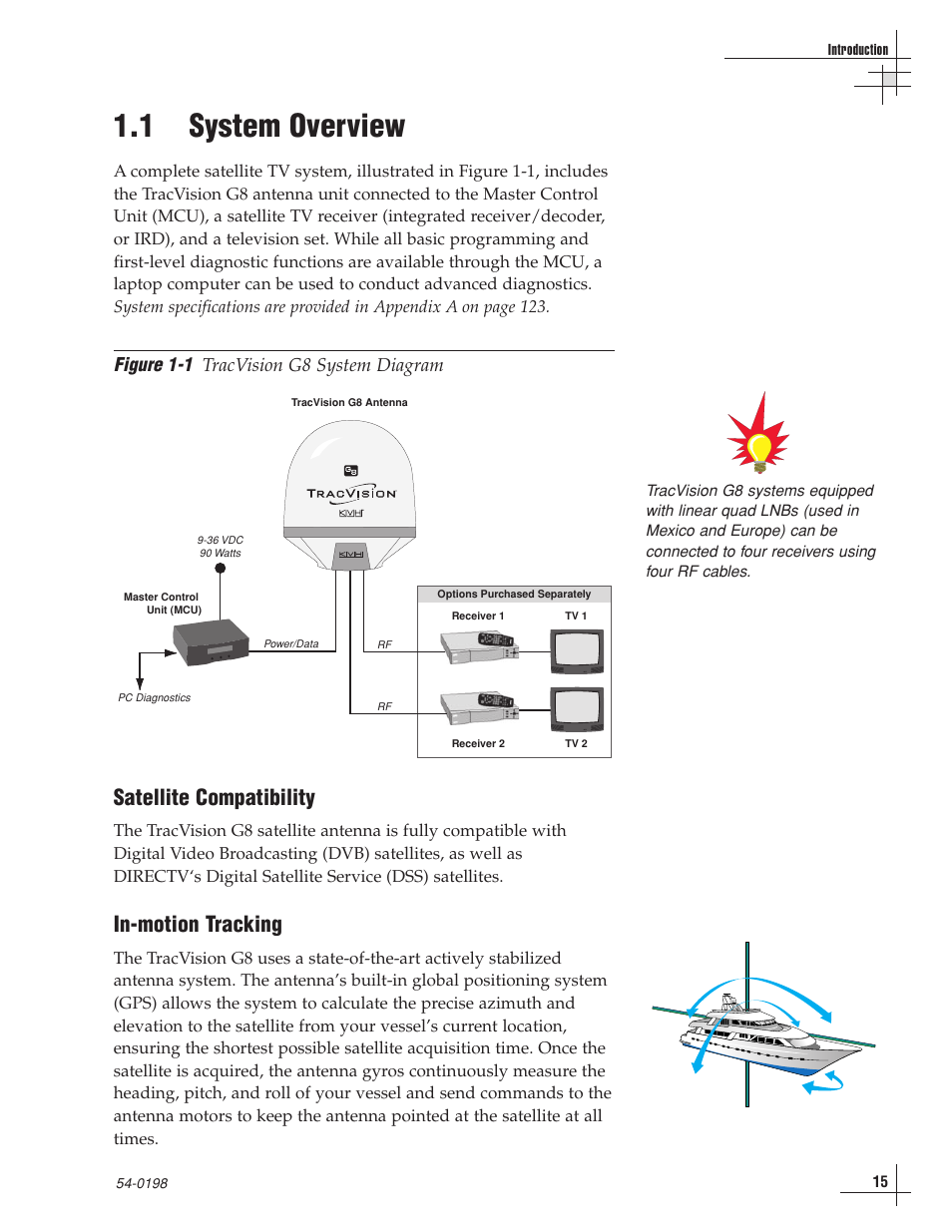 1 - system overview, 1 system overview, Satellite compatibility | In-motion tracking, Figure 1-1, Tracvision g8 system diagram | KVH Industries TracVision G8 User Manual | Page 18 / 137